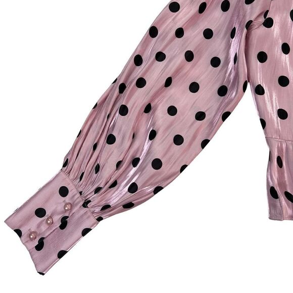 Pre-Loved Deco Lux Open Back Blouse Long Sleeve Crop Top Purple Black Dots US S - Picture 8 of 14